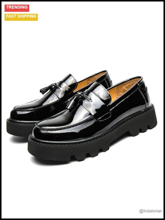Other - Men's Patent Leather Platform Slip-On Loafers with Tassels, Non-Slip Lug Sole,